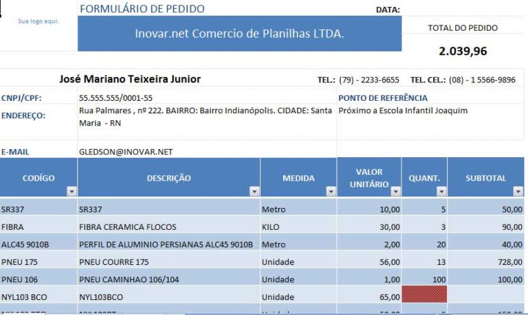 Planilha de Pedidos em Excel Gratuita