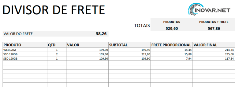 Planilha Gratuita para Dividir valor do frete