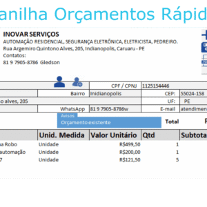 Planilha Orçamentos Rápidos
